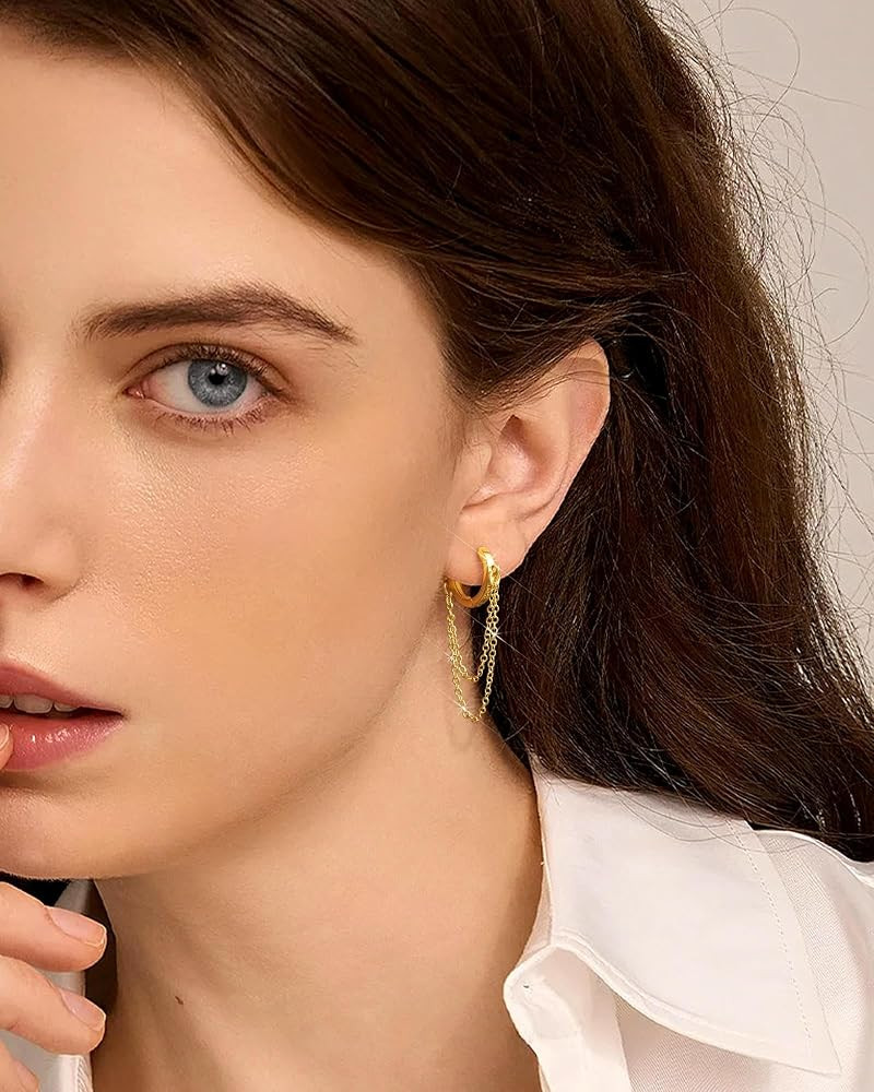 Tassel Chain Small Gold Hoop Dangle Earring For Women Huggie Earring Heart Star CZ 14K Gold Plate... | Amazon (US)
