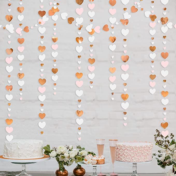 52Ft Rose Gold Pink and White Love Heart Garland Hanging Paper Streamer Banner for Anniversary Mo... | Amazon (US)