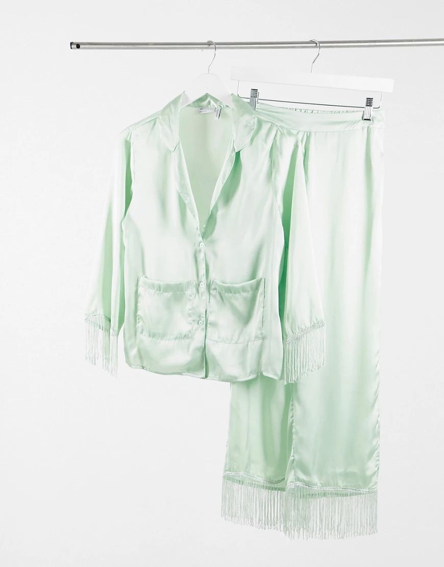 ASOS DESIGN premium satin & fringe shirt & pants pajama set in sage-Green | ASOS (Global)