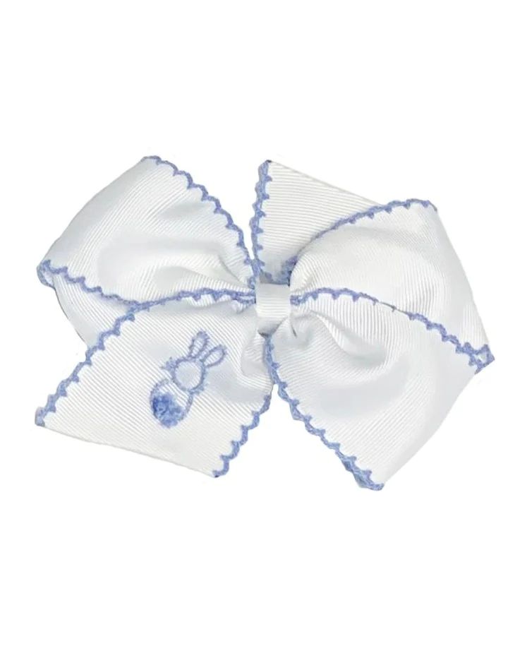 Bunny Embroidered White Hair Bow With Blue Trim | Smockingbird Kids