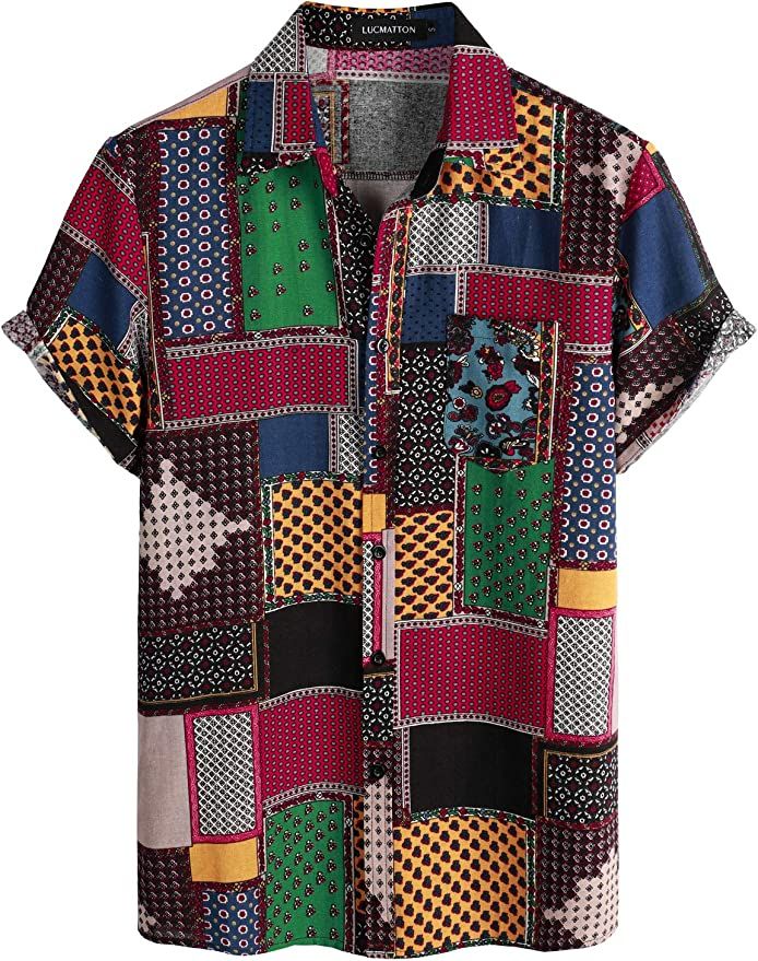 LucMatton Men's Cotton Linen Traditional Pattern Print Short Sleeve Button Down Hawaiian Shirts | Amazon (US)