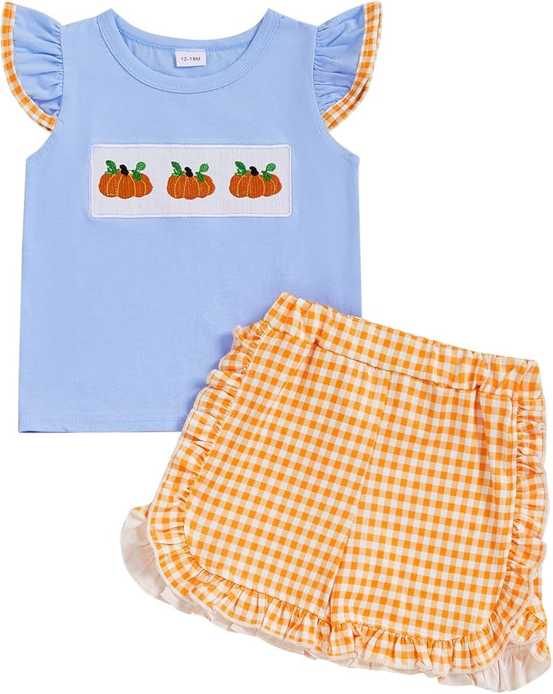 Karuedoo Toddler Baby Girl Halloween Outfit Pumpkin Embroidery Flutter Sleeve T Shirt Top and Pla... | Amazon (US)