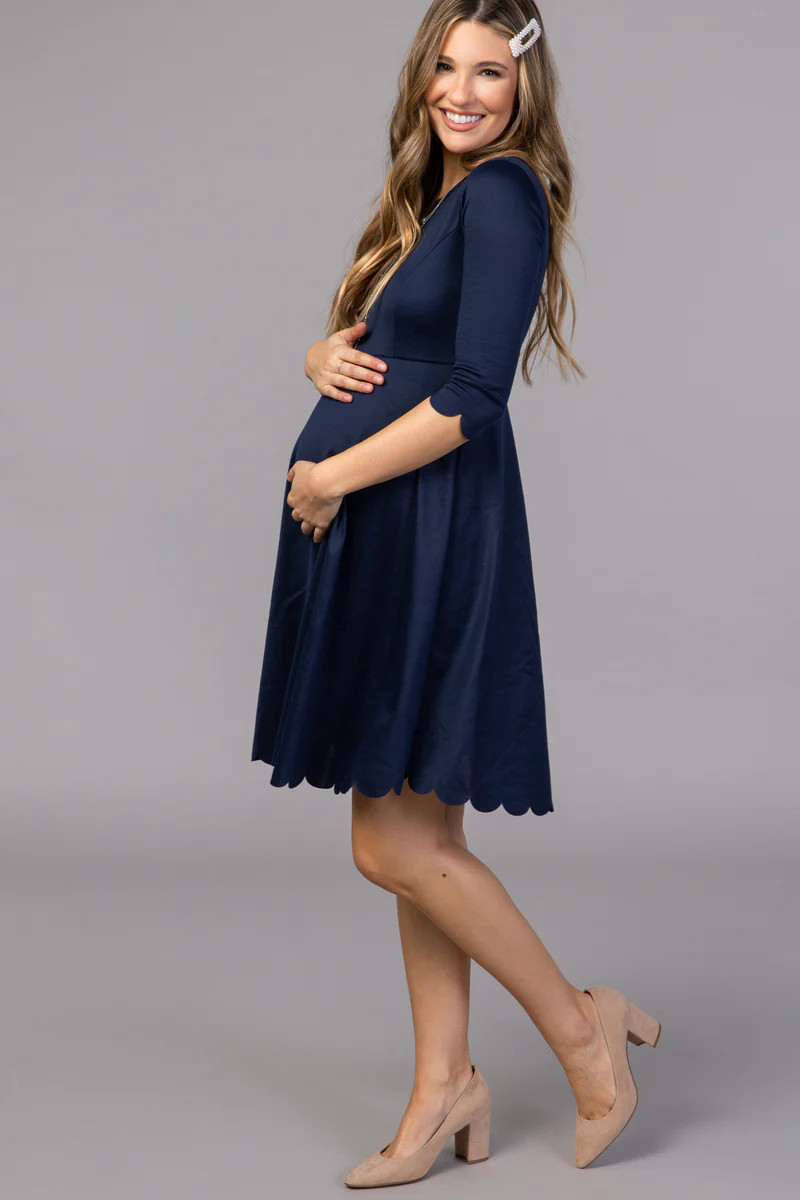 PinkBlush Navy Solid Scalloped Hem Maternity Dress | PinkBlush Maternity
