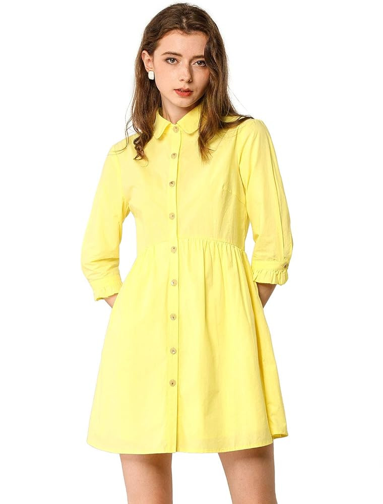 Allegra K Women's Shirt Dress Button Down 3/4 Sleeve School Work Mini Casual Shirtdresses | Amazon (US)