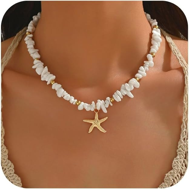 Shell Starfish Necklace for Women, 14k Gold Plated Boho Layered Beaded Charm Pendant Necklace, Da... | Amazon (US)