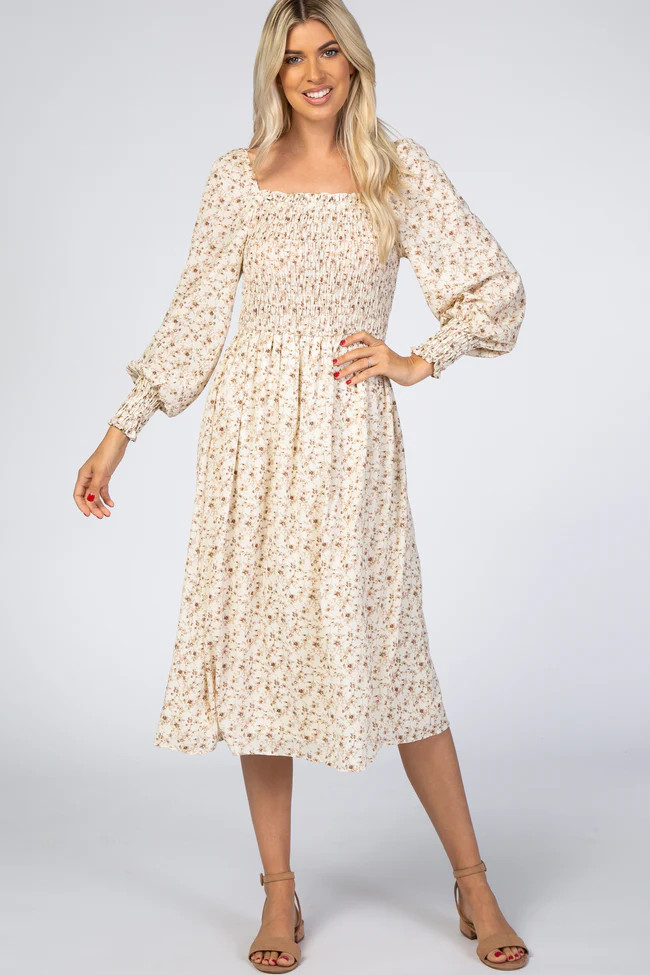 Cream Floral Smocked Bubble Sleeve Midi Dress | PinkBlush Maternity