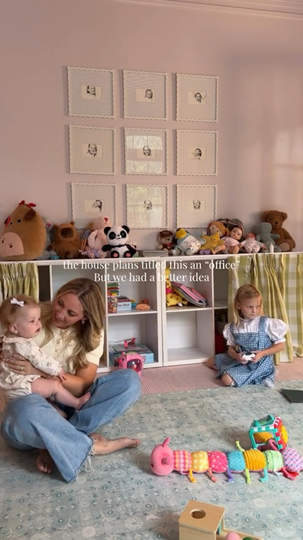 Work < Play 🧸 we love how this playroom transformed with the lattice ceiling, lite Lavendar paint, & Amazon furnishings! I’ve had lots of questions on this pink rug & I’m sharing the details of it all. 

Roman shades are on order! I’ll share them when they come in 🤩