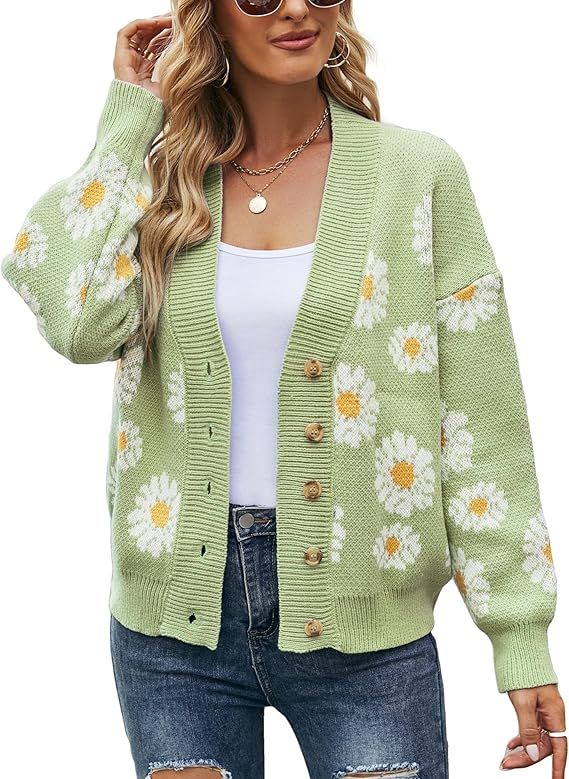 Women's Floral Cardigan Sweater Knitted Long Sleeve Sweater Botton Front Loose Cardigan Coat | Amazon (US)