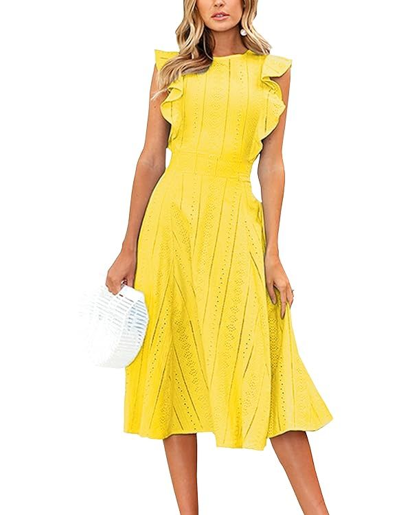 ECOWISH Womens Summer Dresses 2024 Elegant Wedding Cocktail Ruffle Cap Sleeves A-Line Midi Dress | Amazon (US)