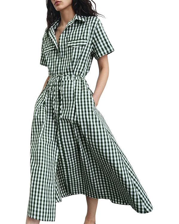 Daacee Women's Gingham Midi Shirt Dress Casual Collared Short Sleeve Tie Belt Button Down Long Co... | Amazon (US)