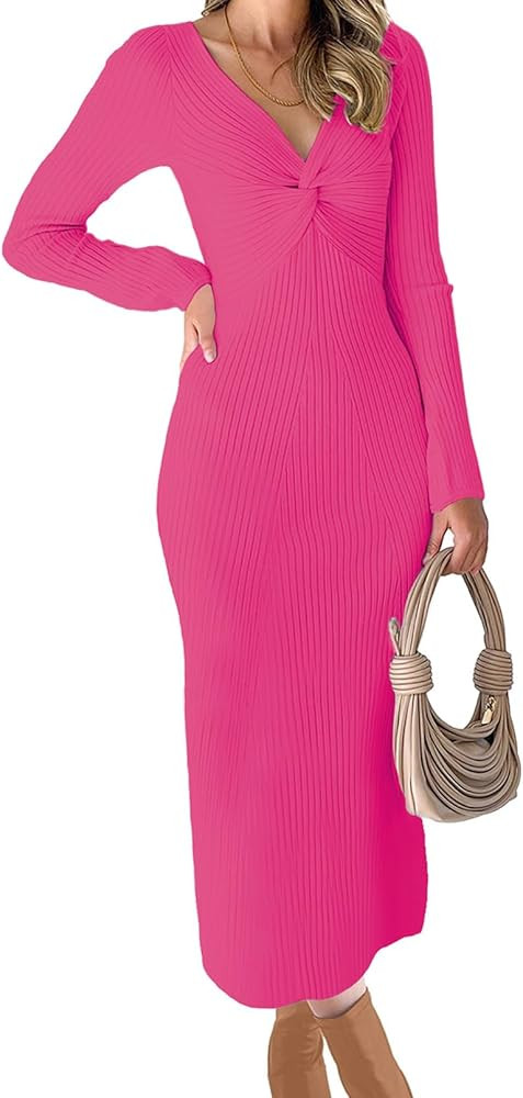 RAISECOM Womens Ribbed Knit Maxi Dresses Long Sleeve V Neck Casual Sweater Dress Bodycon Midi Dre... | Amazon (US)