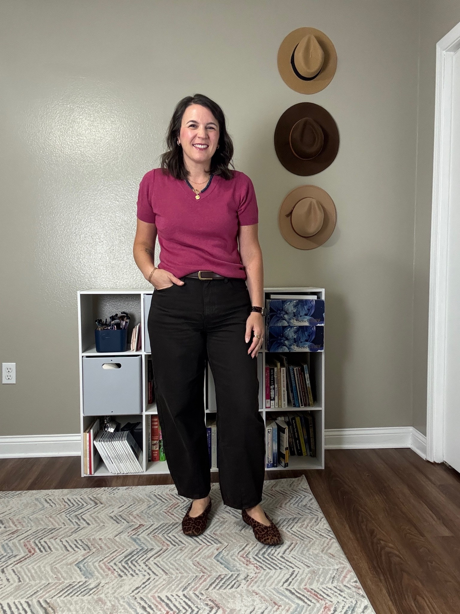 Outfit of the day two of my corporate job!

Dark brown barrel leg jeans: true to size or size up one

V neck knit top in Rose: I’m in a medium 

Leopard flats are currently available for $29.99!