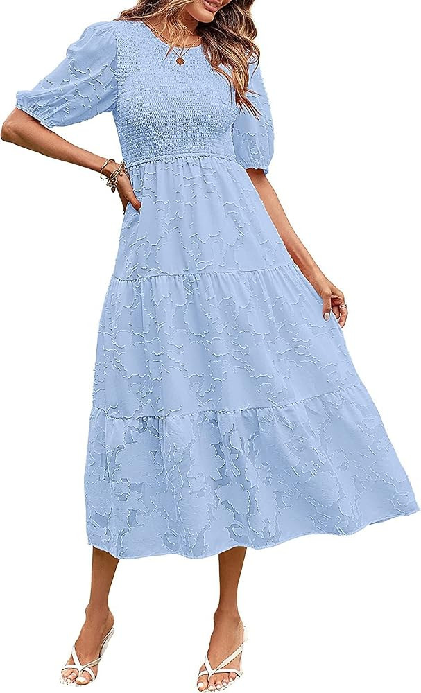 Women's Summer Dress Lace Crew Neck Smocked Puff Sleeves Layered Floral Texture Flowing Midi Casu... | Amazon (US)