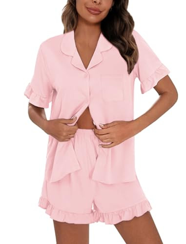 SWOMOG Woman Pajama Set Short Sleeve Pjs Set 2Pcs Short Pajamas Button Down Ruffle Hem Sleepwear ... | Amazon (US)