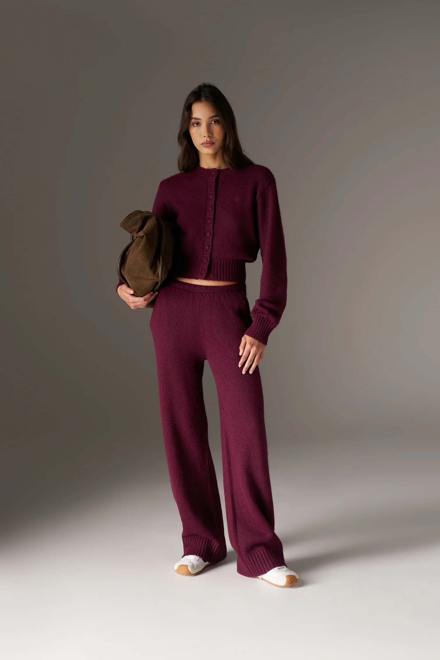 EMBLEM EMBROIDERED KNIT CROP CARDIGAN - PLUM | The Couture Club