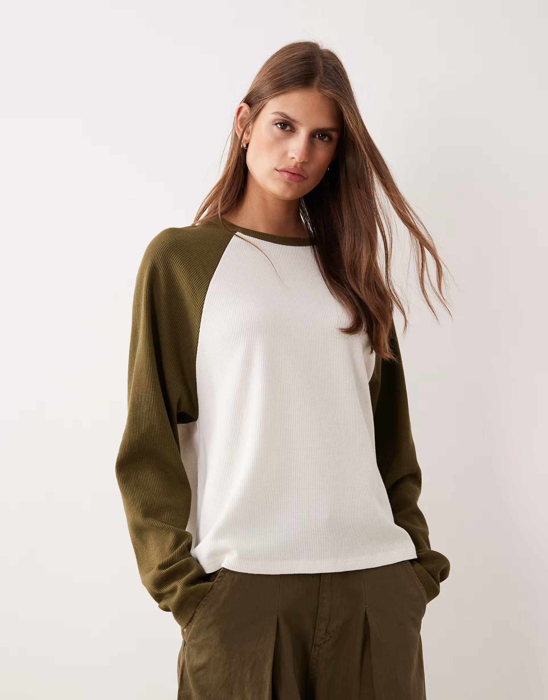 ASOS DESIGN raglan long sleeve top in waffle in cream and olive | ASOS (Global)