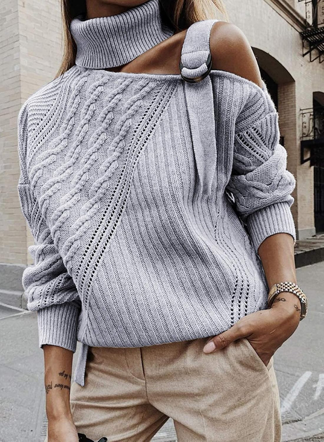 Happy Sailed Womens Cold Shoulder Sweaters High Neck Long Sleeve Oversized Knitted Jumper Pullove... | Amazon (US)