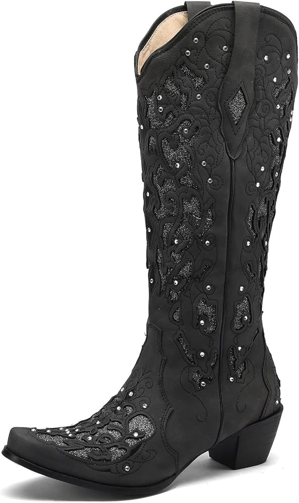 Kluolandi Women's Embroidered Western Cowgirl Boots with Rhinestone Chunky Heel Knee High Bling C... | Amazon (US)