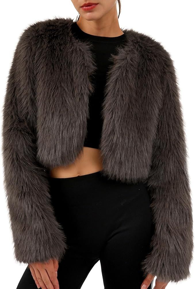 Amazhiyu Womens Faux Fur Cropped Coat Open Front Long Sleeve Winter Jacket | Amazon (US)