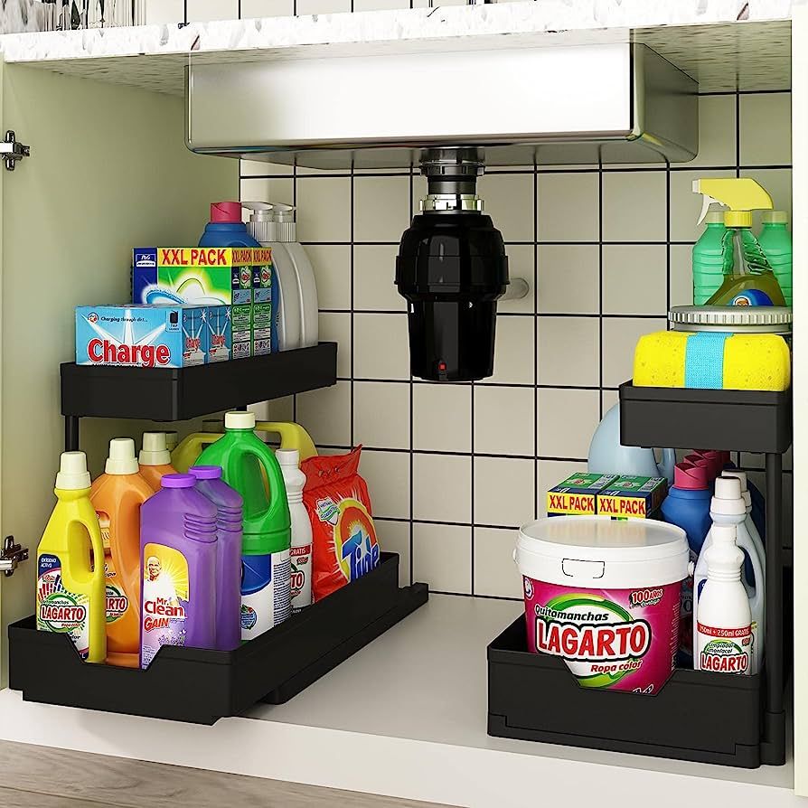 Under Sink Organizer,2 Pack Bukfen Pull Out Cabinet Organizer 2-Tier Slide Out Sliding Shelf Unde... | Amazon (US)