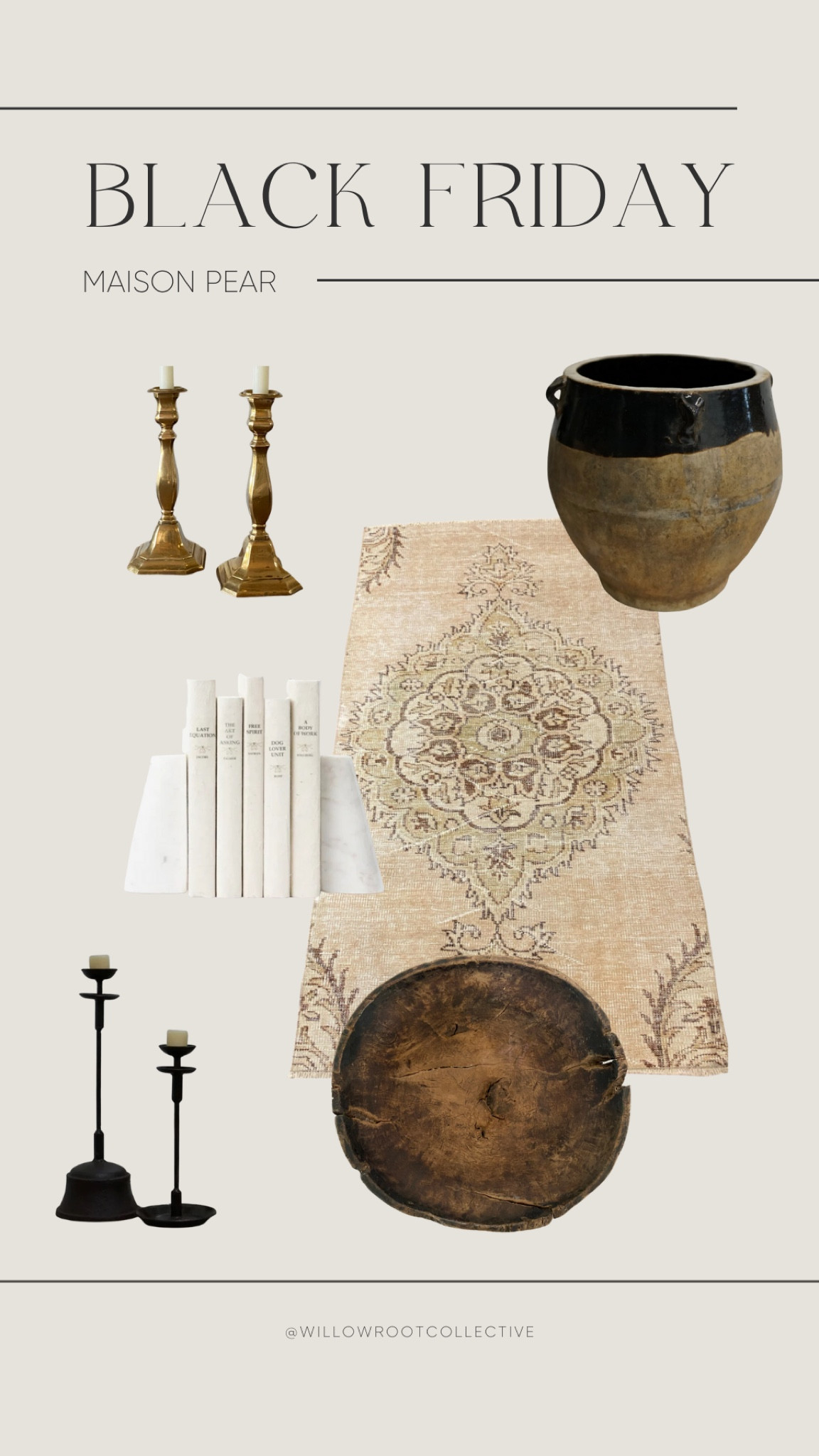 Maison Pear Black Friday sale. Brass candlestick holders, vintage rug, marble bookends, vintage crock, vintage wooden butter bowl, black candlestick holders

#LTKsalealert #LTKhome #LTKCyberWeek