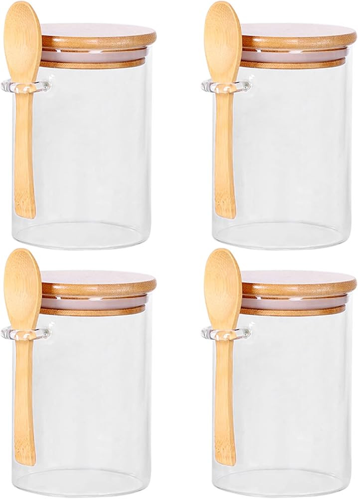 Juego de 4 tarros de vidrio con tapas de bambú y cucharas de madera, juego de 4 recipientes para... | Amazon (US)