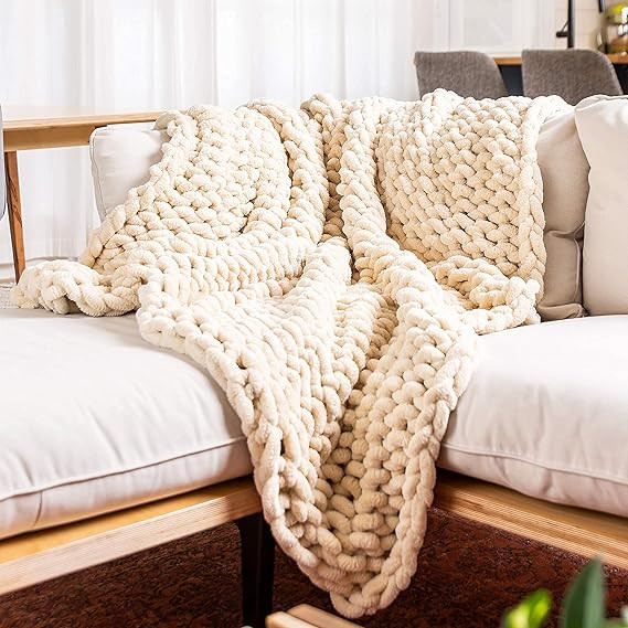 SAMIAH LUXE Beige White Chunky Knit Blanket Throw 50x60; Knitted Throw Blankets for Boho Decor,La... | Amazon (US)