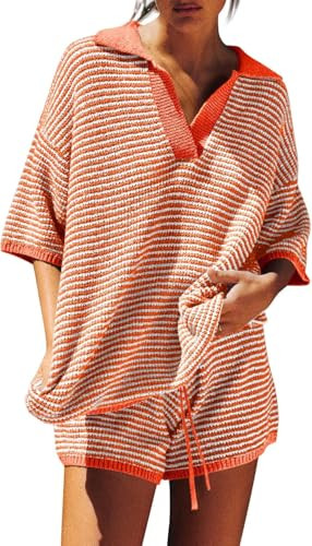 Tankaneo Womens Sweater Set 2 Piece Outfits Oversized 3/4 Sleeve V Neck Knit Tops High Waisted Shorts Lounge Sets | Amazon (US)