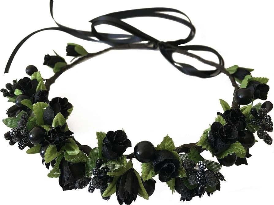 SIZSNM Flower Crown Floral Girls Headband - Black Headpiece Womens Wedding Bridal - Artificial Si... | Amazon (US)