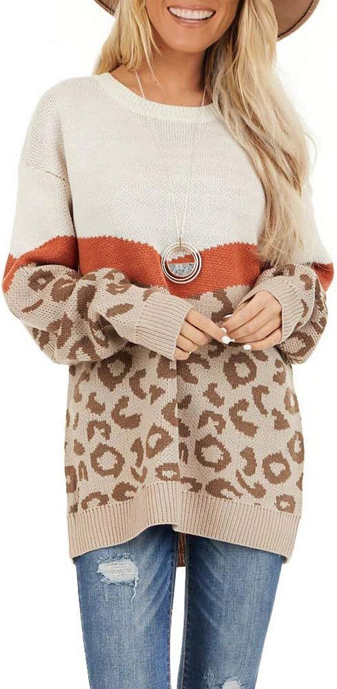 Modershe Womens Leopard Chevron Oversized Pullover Sweater Batwing Long Sleeve Loose Color Block ... | Amazon (US)
