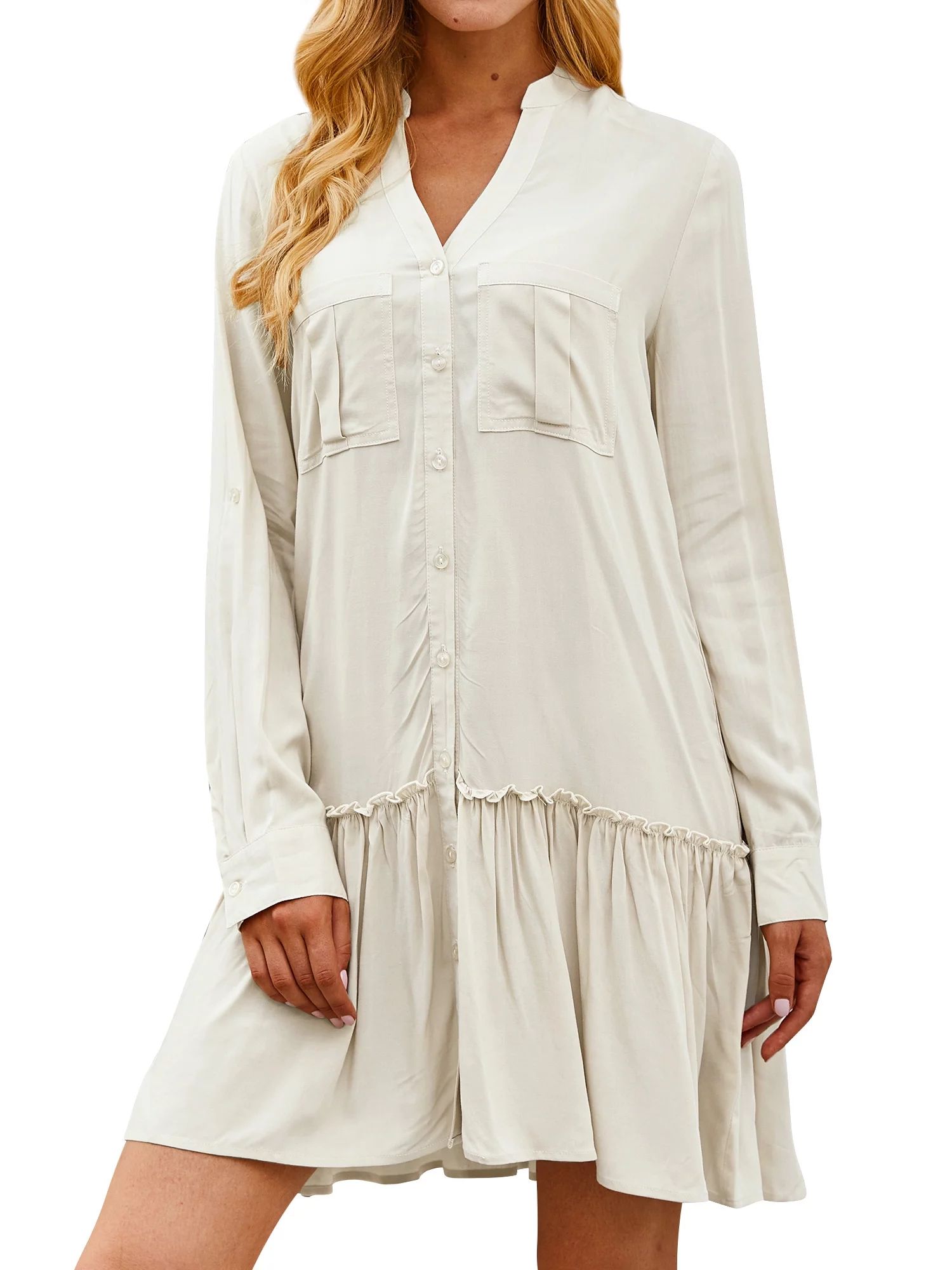 ZXZY Women Soft V Neck Buttons Long Sleeve Pleated Pockets Shirt Dress | Walmart (US)