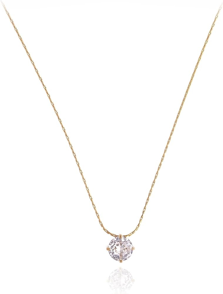 Non Tarnish Gold Necklace | Silver Necklace | Crystal Solitaire 1 Carat (6.5mm) Cubic Zirconia Da... | Amazon (US)