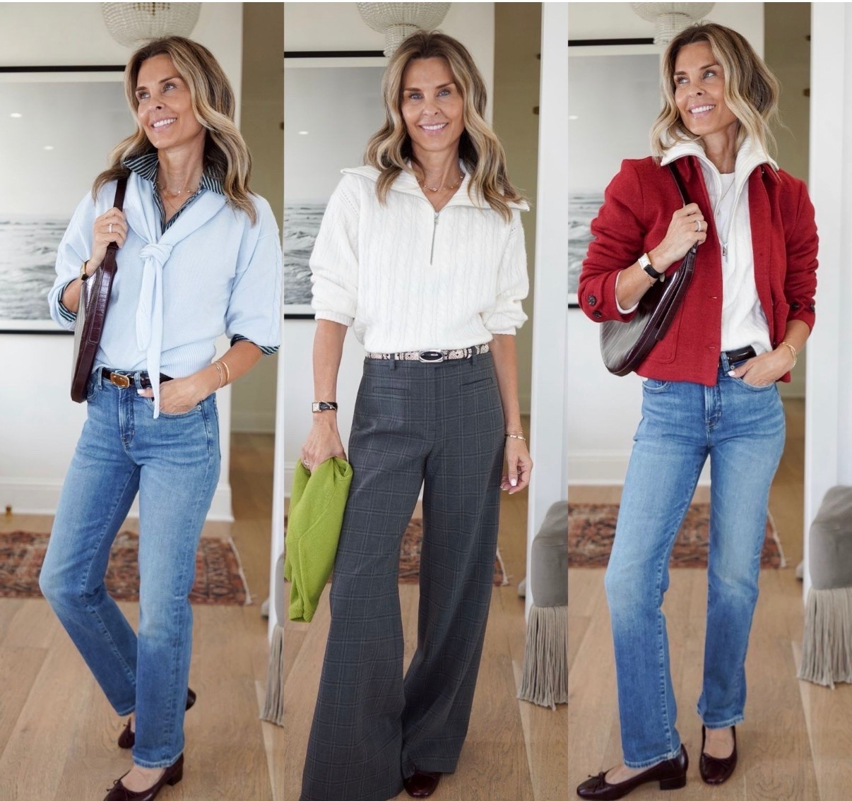 I’m 5’6”
-Jeans TTS 
-White cashmere zip-up-XS
-Red jacket -S
-Plaid pants TTS up
-Python belt
-Burgundy ballet flats size down ½ size 
-Blue cashmere scarf sweater-XS
-Chartreuse cashmere sweater 
-Silky striped button-up-2
-Burgandy bag
@jcrew #jcrewpartner #injcrew #ad

#LTKootd #LTKOver40