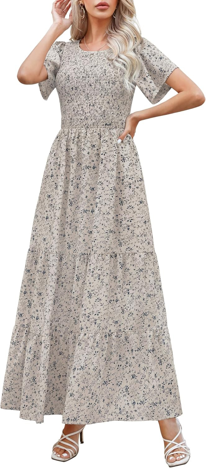 Kranda Women 2025 Summer Fall Crewneck Short Sleeve Smocked Floral Maxi Dress | Amazon (US)