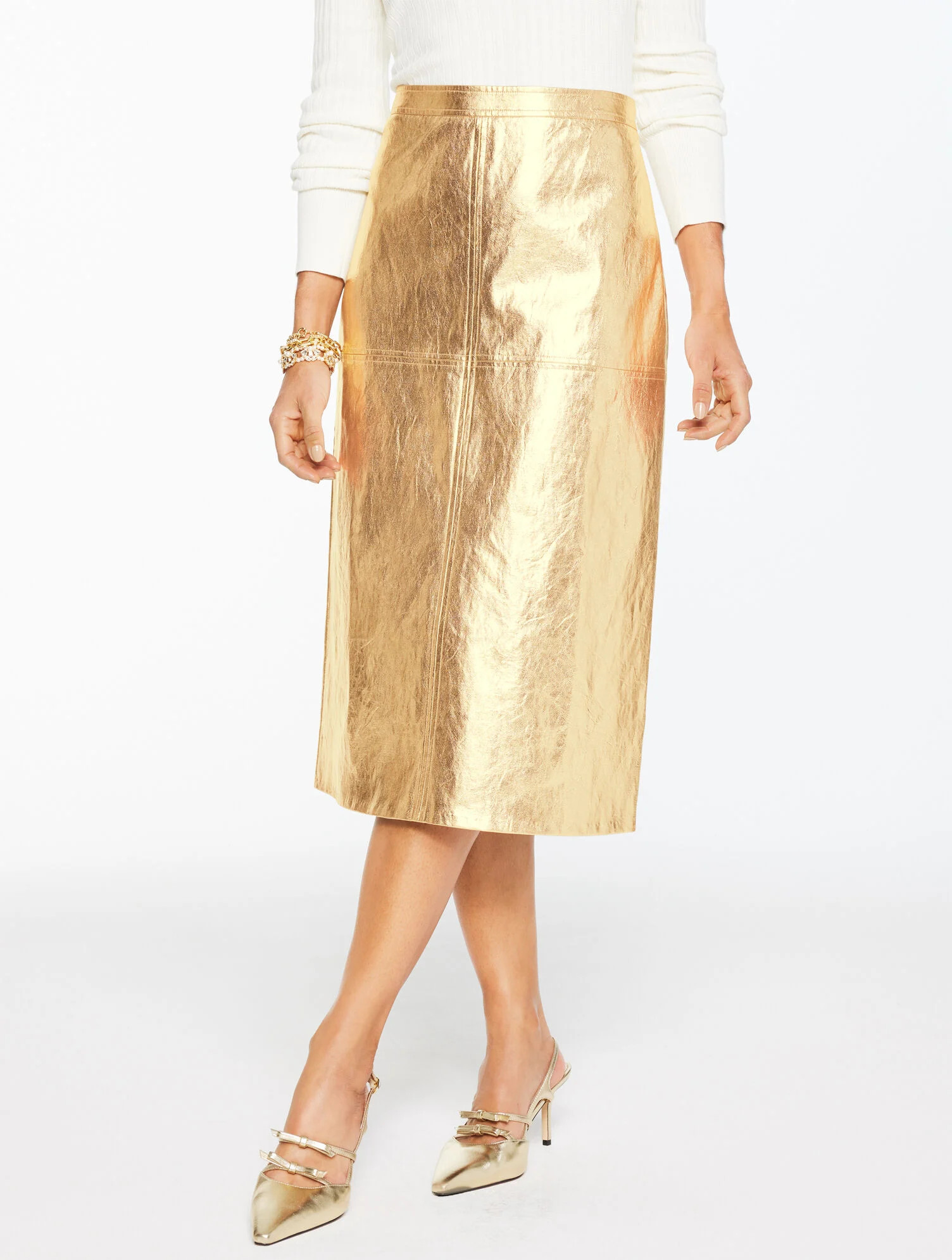 Crinkle Metallic Faux Leather Midi Skirt | Talbots