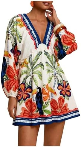 RoseSeek Women's Boho Floral V Neck Mini Dress Bishop Sleeve Tropical Dress | Tie Open Back, Vaca... | Amazon (US)