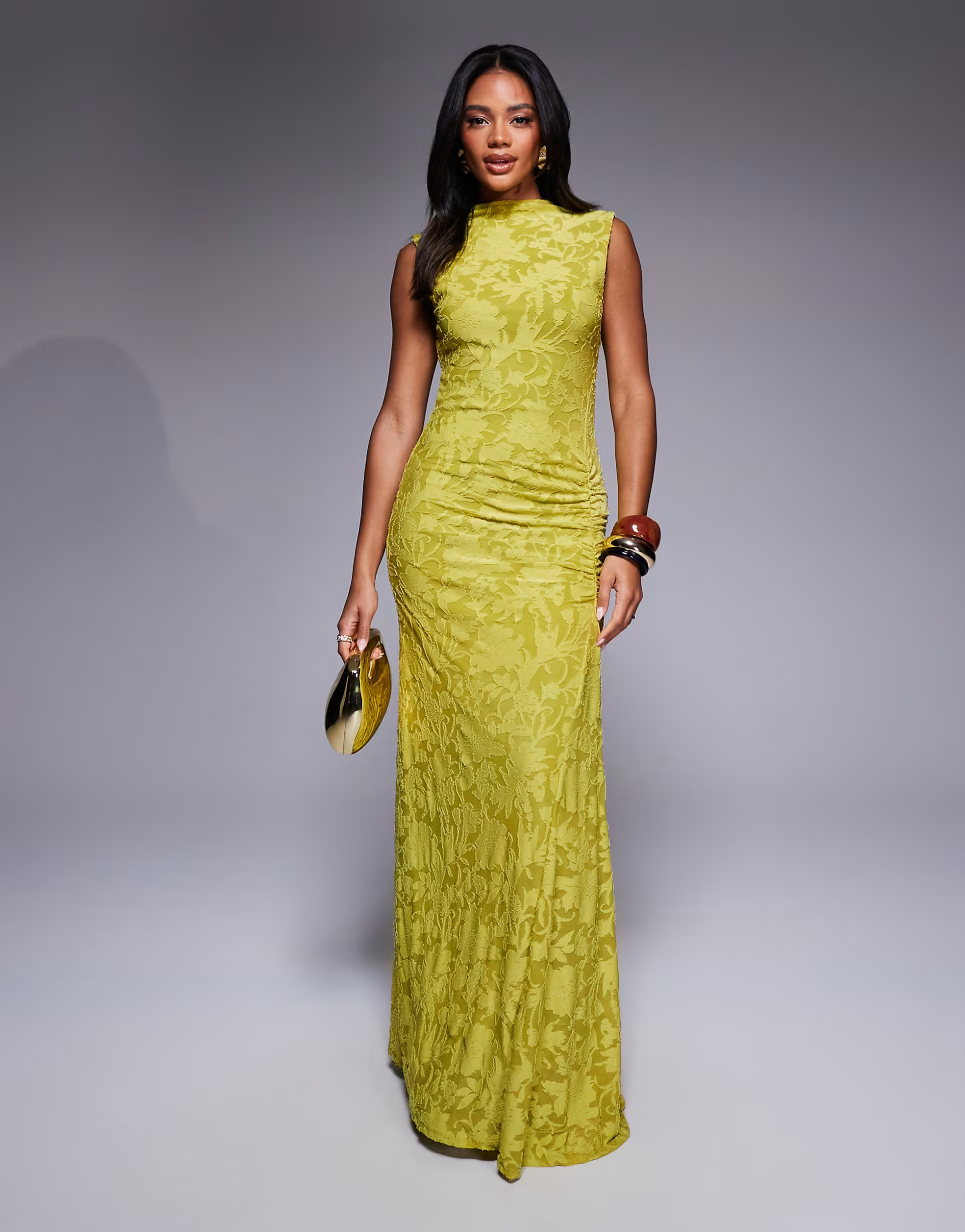 ASOS DESIGN sleeveless high neck devore maxi dress with ruched skirt detail in lime | ASOS (Global)