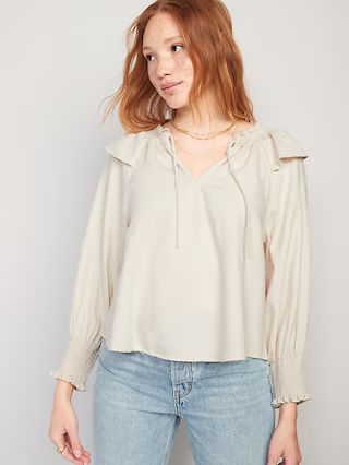 Puff-Sleeve White-Wash Ruffle-Trimmed Smocked Jean Blouse for Women | Old Navy (US)