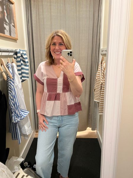 Darling signature poplin patchwork peplum top. Runs tts. I sized up for added length! Side zipper. Slightly fitted. Paired here with light wash wide leg denim. Run tts. Also cute styled with white straight leg denim! 

#LTKFind #LTKstyletip #LTKSale