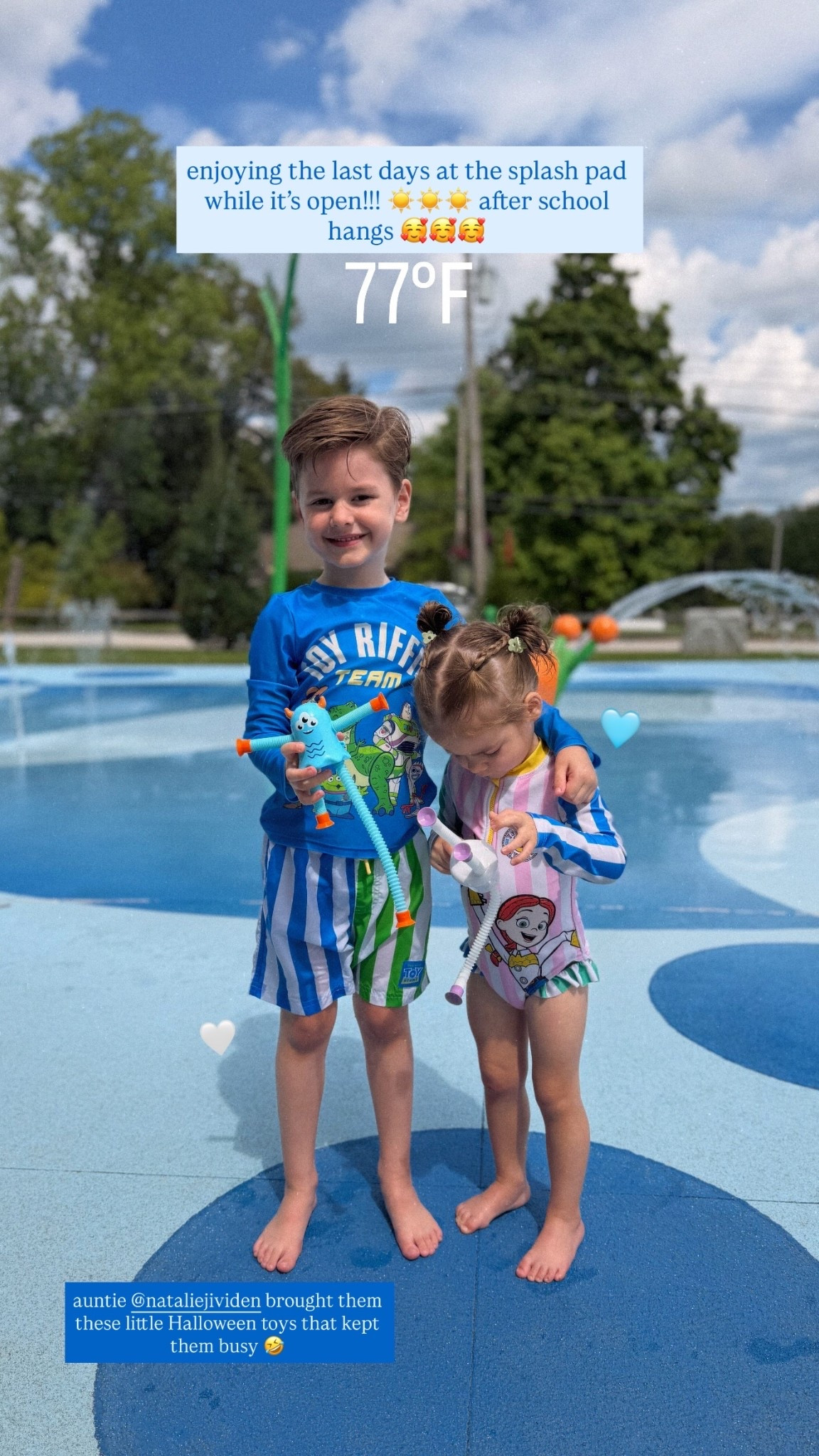enjoying the last days at the splash pad while it’s open!!! ☀️☀️☀️ after school hangs 🥰🥰🥰 auntie @nataliejividen brought them these little Halloween toys that kept them busy 🤣 🩵 🤍
