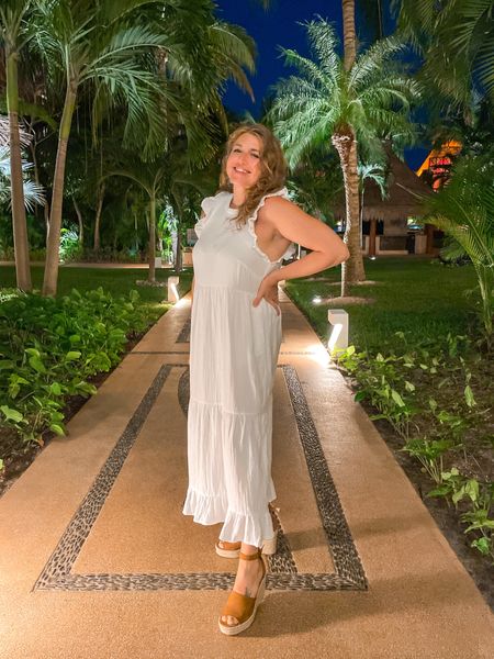 What I wore in Mexico for our spring break trip, anniversary trip ❤️

White ruffle maxi dress, cognac espadrille wedges, blue bead earrings. Spring dress. Vacation outfits. Resort wear.

#LTKunder50 #LTKSeasonal #LTKtravel