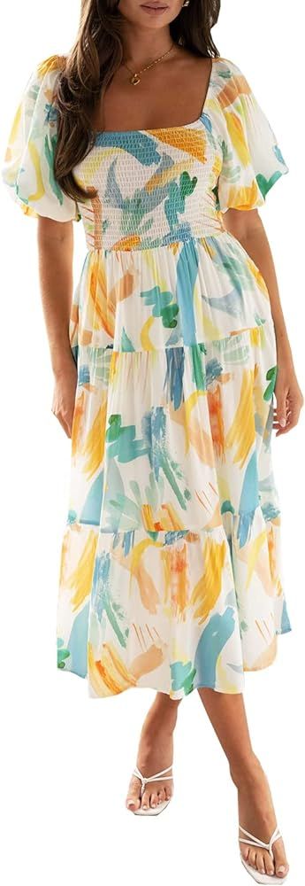 Sissyaki Women's Summer Boho Floral Print Midi Dress Square Neck Tiered Flowy Beach Long Dress | Amazon (US)