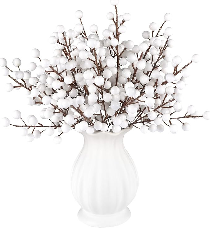 40 Pcs Artificial Berry Stems Branches, Christmas White Faux Holly Berries Picks Ornaments for Ch... | Amazon (US)