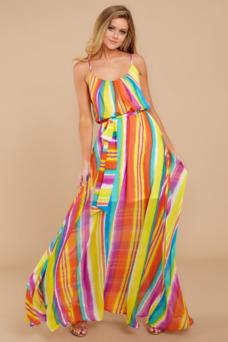 Coasts Of Cabo Yellow Rainbow Stripe Maxi Dress | Red Dress 