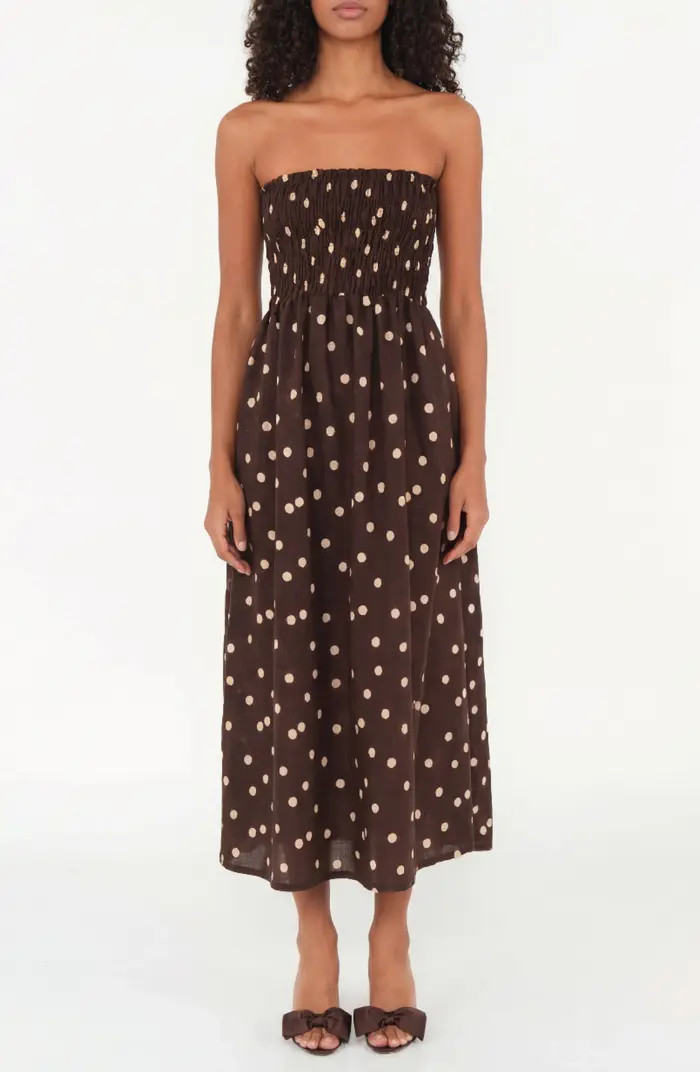 Drift Polka Dot Strapless Smocked Bodice Linen & Cotton Sundress | Nordstrom