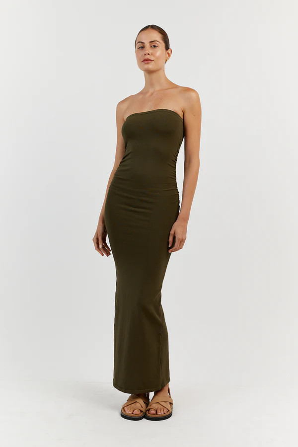CARRIE OLIVE RUCHED MIDI DRESS | DISSH