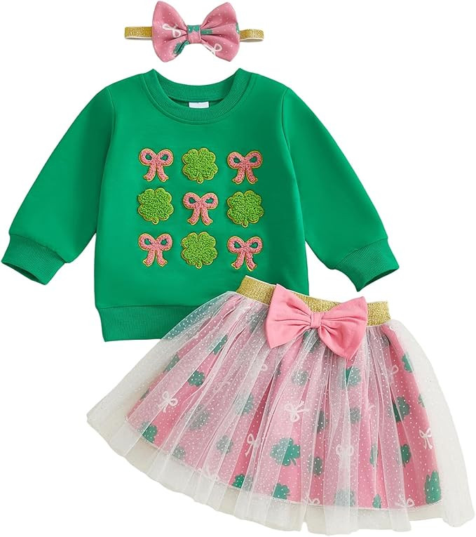 Toddler Baby Girl St Patricks Day Outfit Little Girl Clothes Skirt Set Lucky Charm Sweatshirt Clo... | Amazon (US)