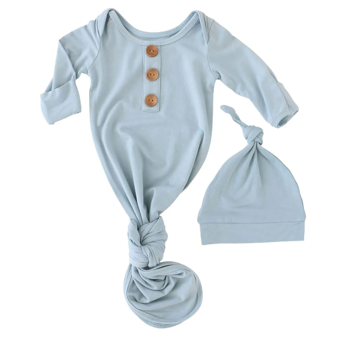 Solid Light Dusty Blue Bamboo Knot Gown & Hat | Caden Lane