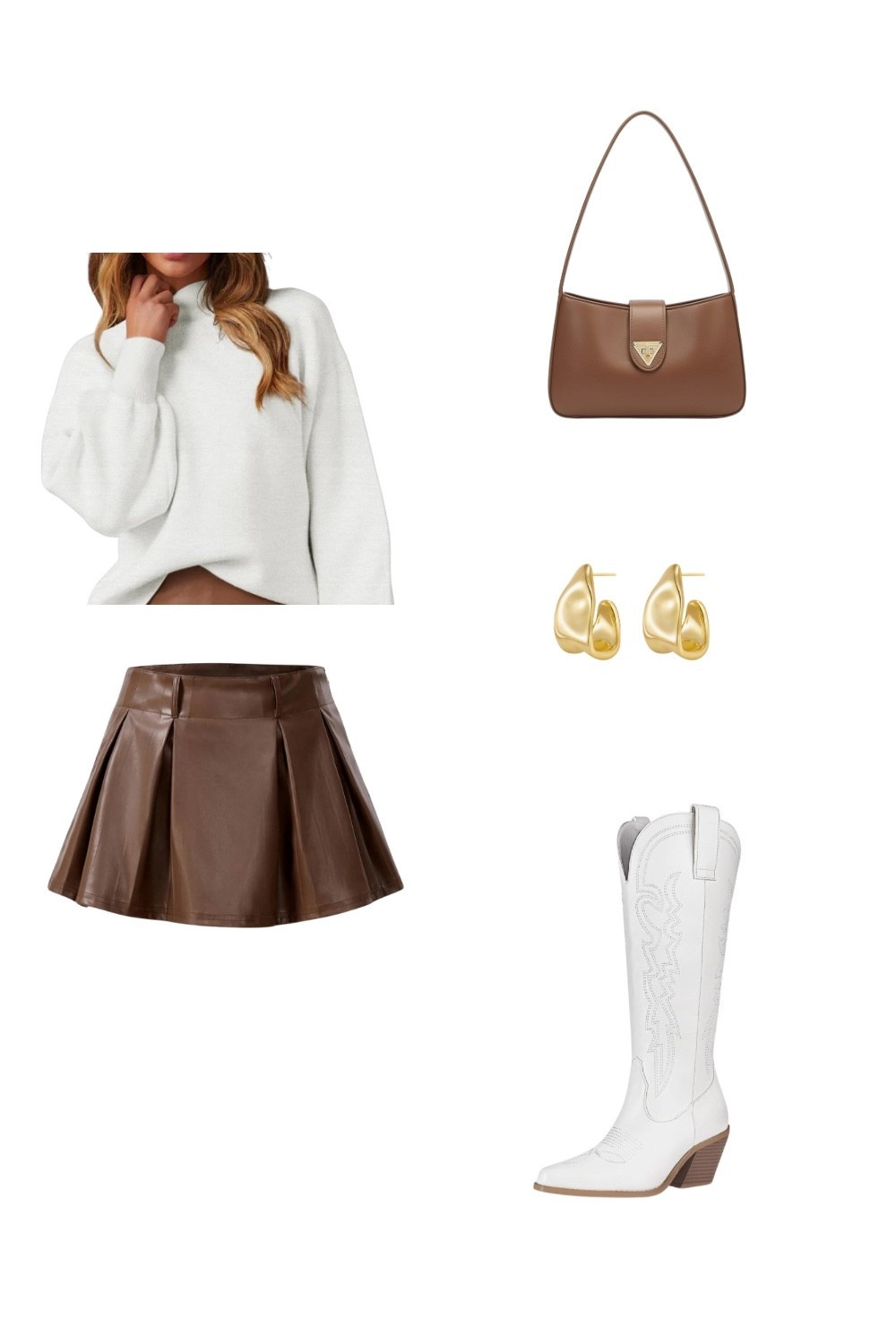 Family Photo Outfits
Warm tones meet effortless charm. A cozy cream sweater balances the playful shape of a pleated brown leather mini skirt, creating texture and movement. White Western boots add a statement twist, while gold earrings and a structured brown bag bring a touch of polish. Ideal for fall brunches, day trips, or any moment that calls for casual chic.


#LTKSeasonal #LTKStyleTip #LTKHoliday