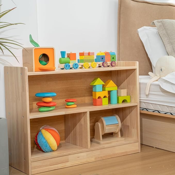 Rubber Wood Toy Organizer,2-Tier Storage Cabinet Shelves, Solid Wood Montessori Storage Bookshelf... | Amazon (US)